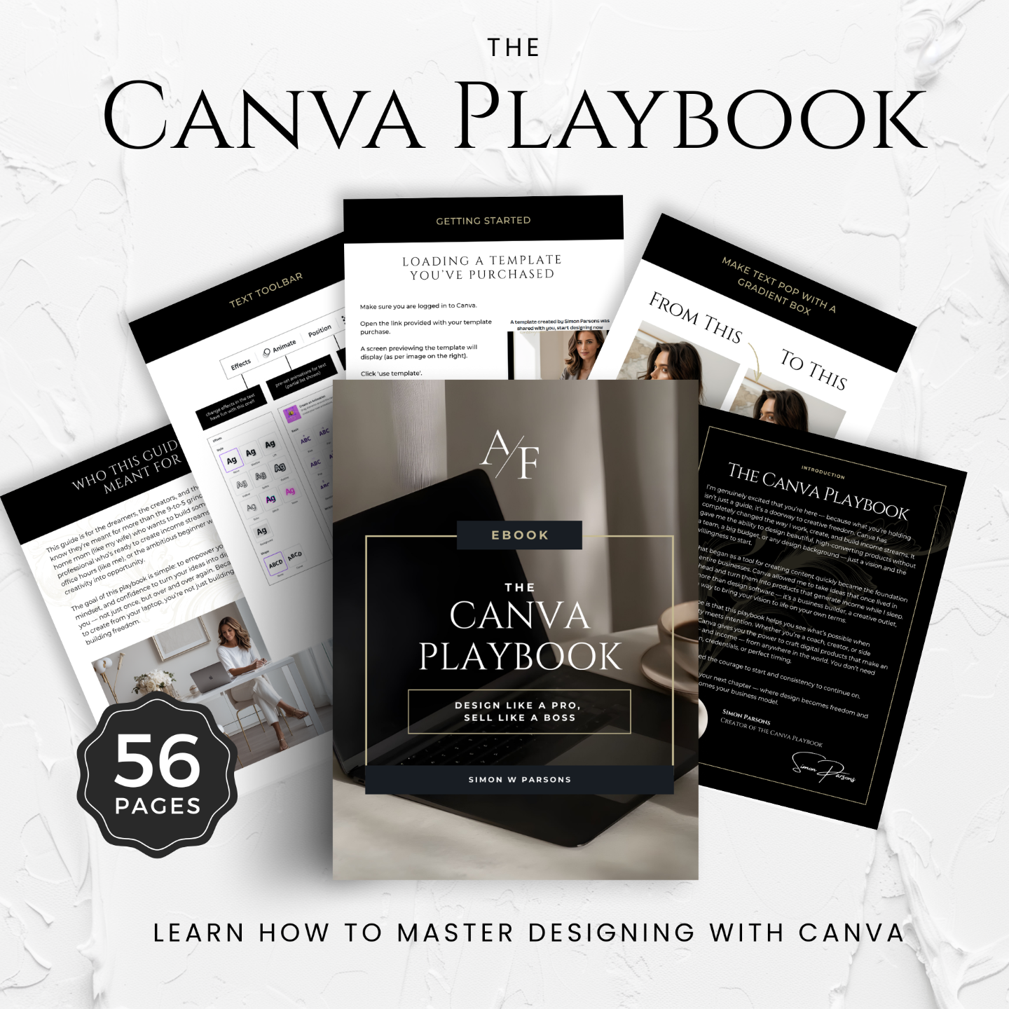 The Canva Playbook ebook cover and inside preview — learn to design like a pro using Canva. Includes over 50 pages of tutorials and visual guides