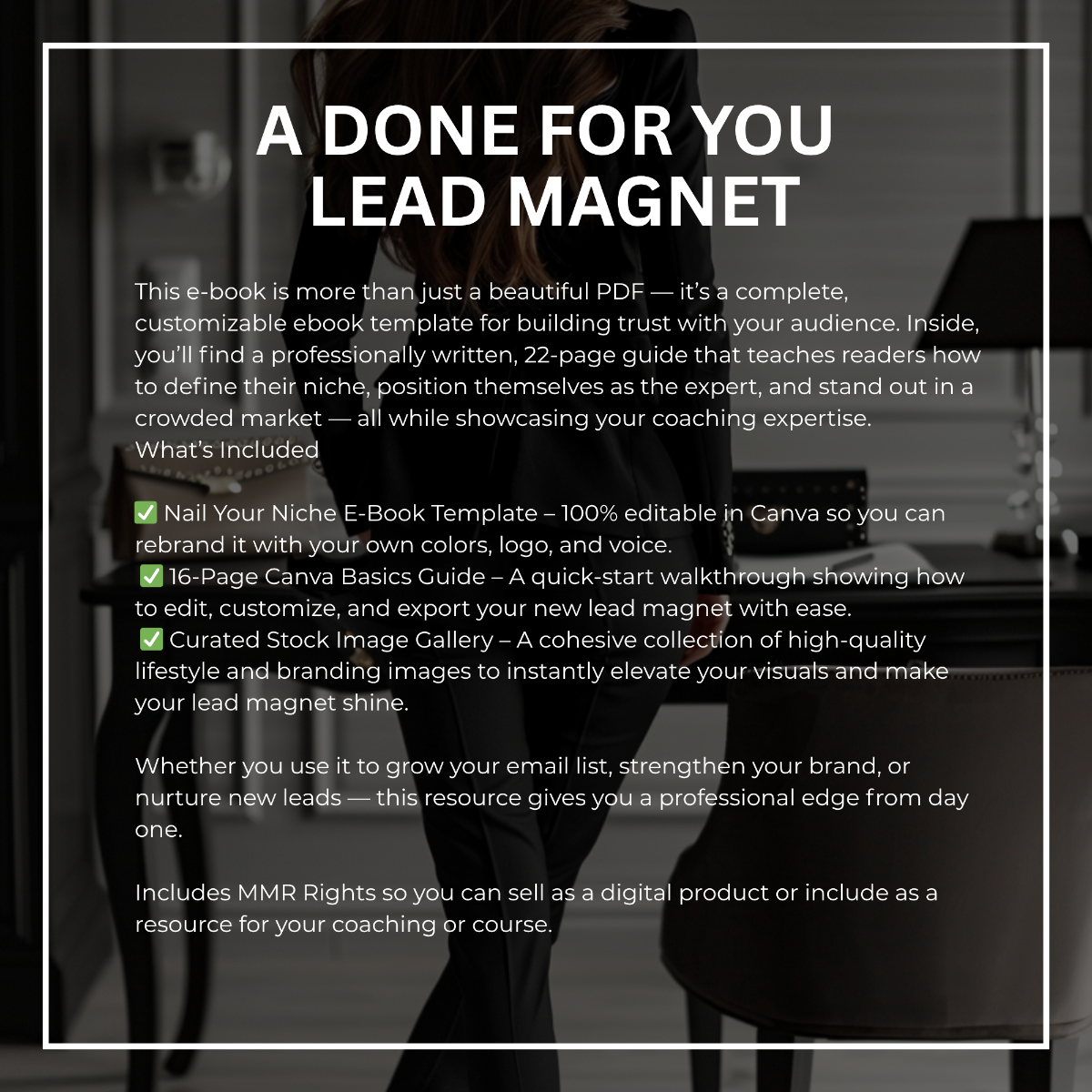 Done-for-you lead magnet Canva template showing e-book features, inclusions, and benefits for coaches.