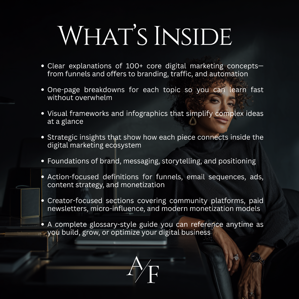 What’s Inside overview page of the Digital Marketing Playbook detailing 100+ core marketing concepts, visual frameworks, and creator-focused monetization strategies.