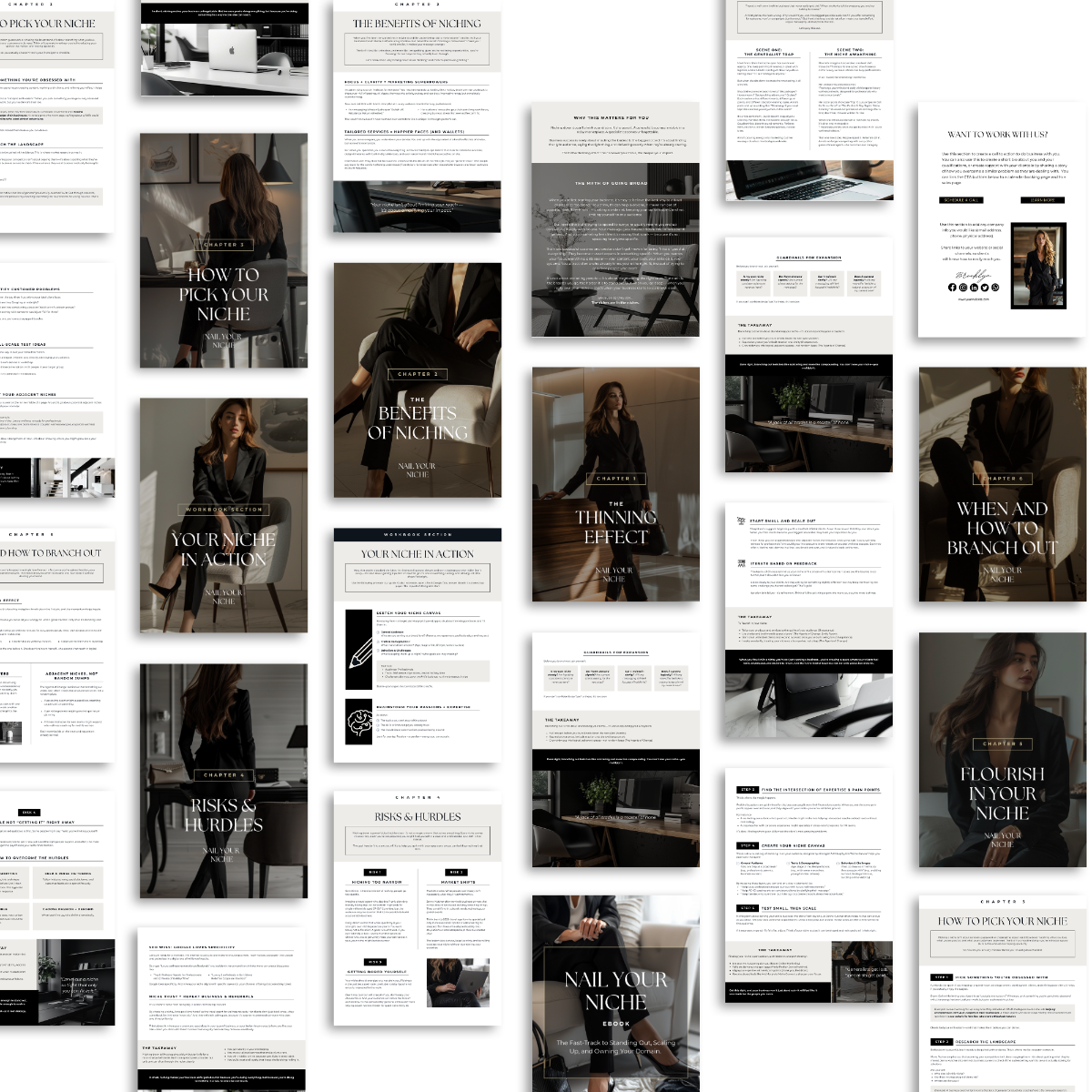 Preview of Nail Your Niche e-book template showing all 23 professionally designed pages for coaches and course creators