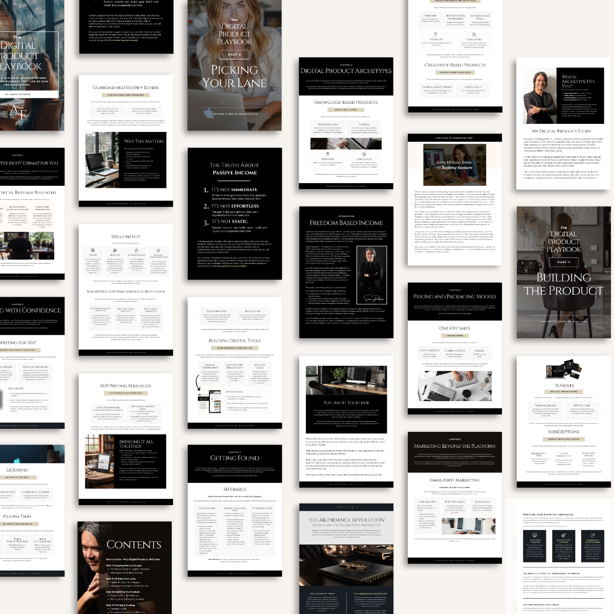 Inside pages of the Digital Product Playbook PDF showing passive income lessons, business frameworks, and design templates for digital product creators.