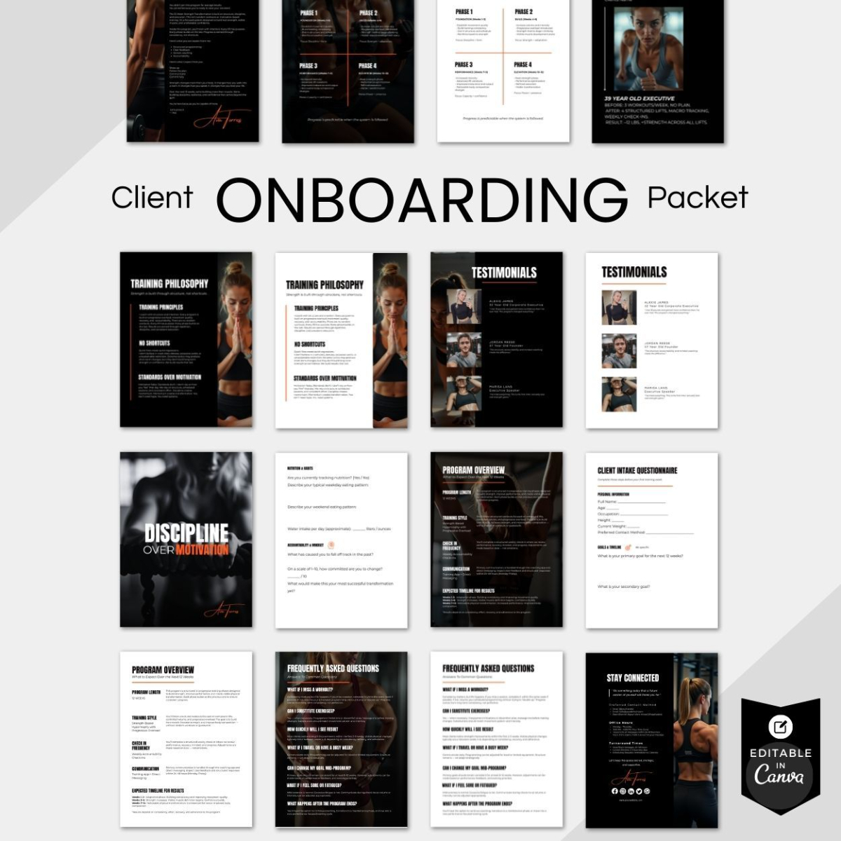 Preview layout of fitness coach onboarding documents including program overview, training philosophy, testimonials, and transformation roadmap pages.