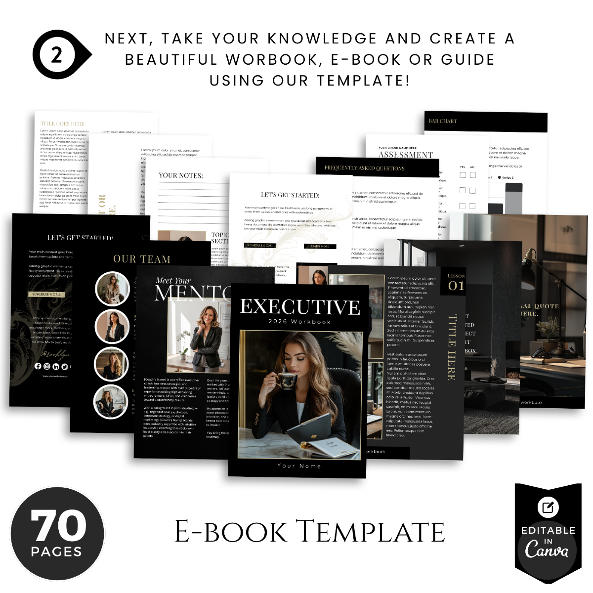 Editable Canva e-book and workbook template from the Executive Collection featuring professional layouts for guides, workbooks, and coaching resources.