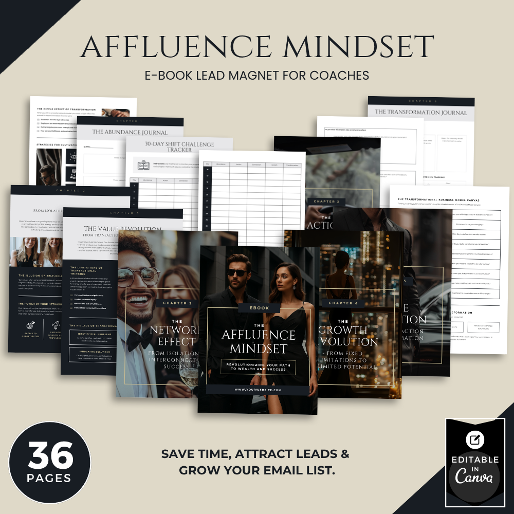 Affluence Mindset E-Book Lead Magnet Template for Coaches — 36-page editable Canva e-book to attract leads and grow your email list.