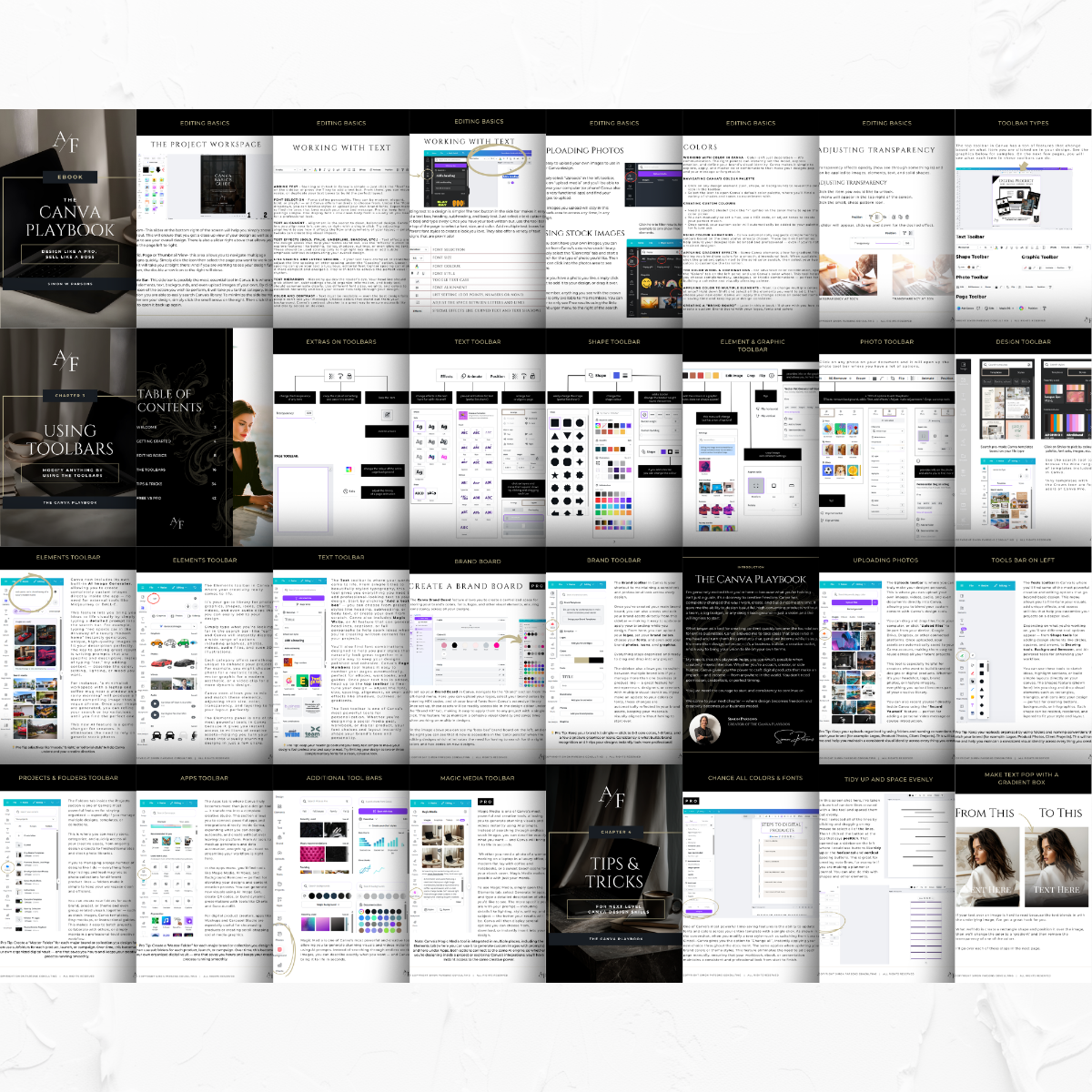 Full preview of The Canva Playbook pages — editing tools, brand boards, text toolbar, and Canva design examples included