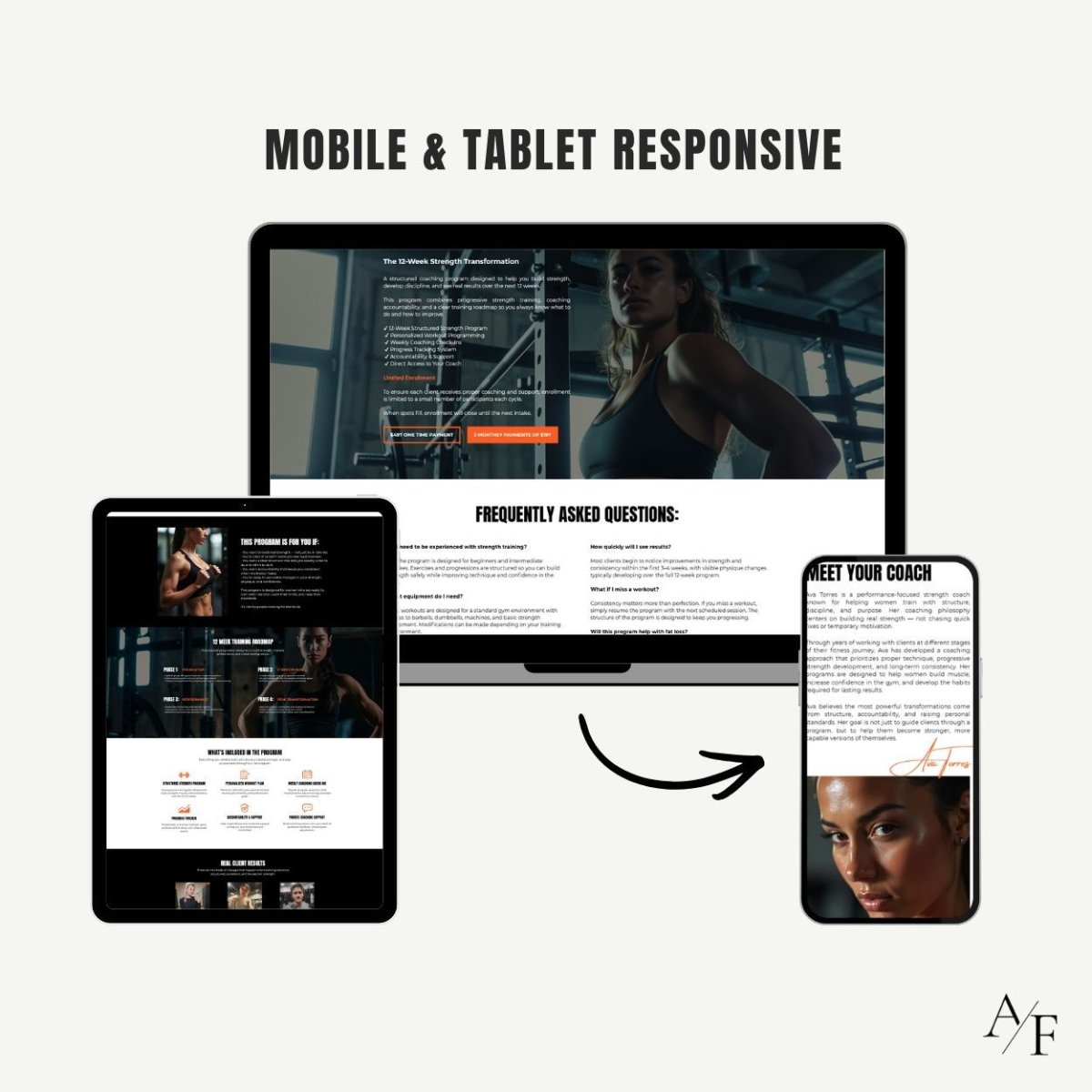 Mobile responsive sales page template preview showing tablet and phone layouts for a fitness coaching program