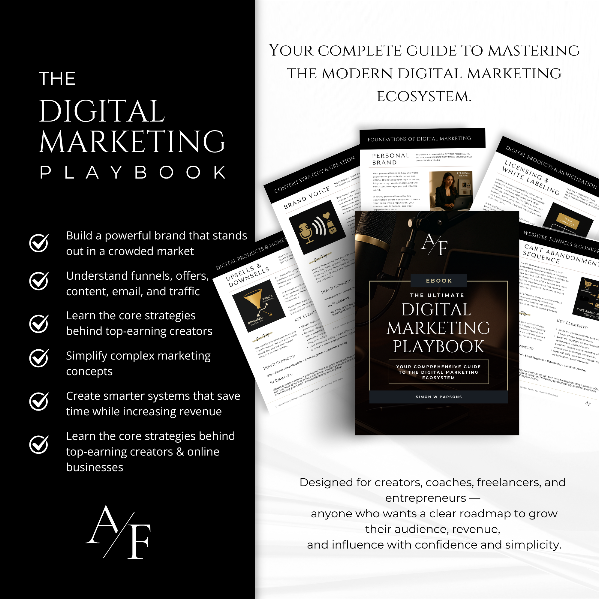 What’s Inside overview page of the Digital Marketing Playbook detailing 100+ core marketing concepts, visual frameworks, and creator-focused monetization strategies.