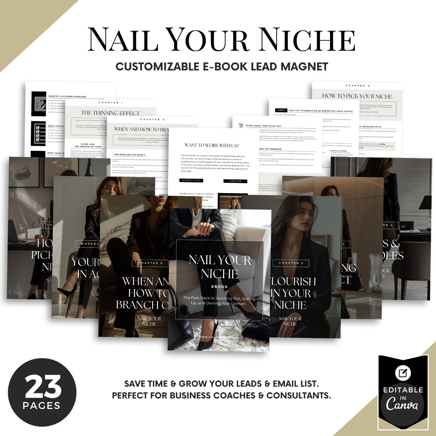 Nail Your Niche customizable e-book lead magnet template for business coaches and consultants — 23-page editable Canva e-book design