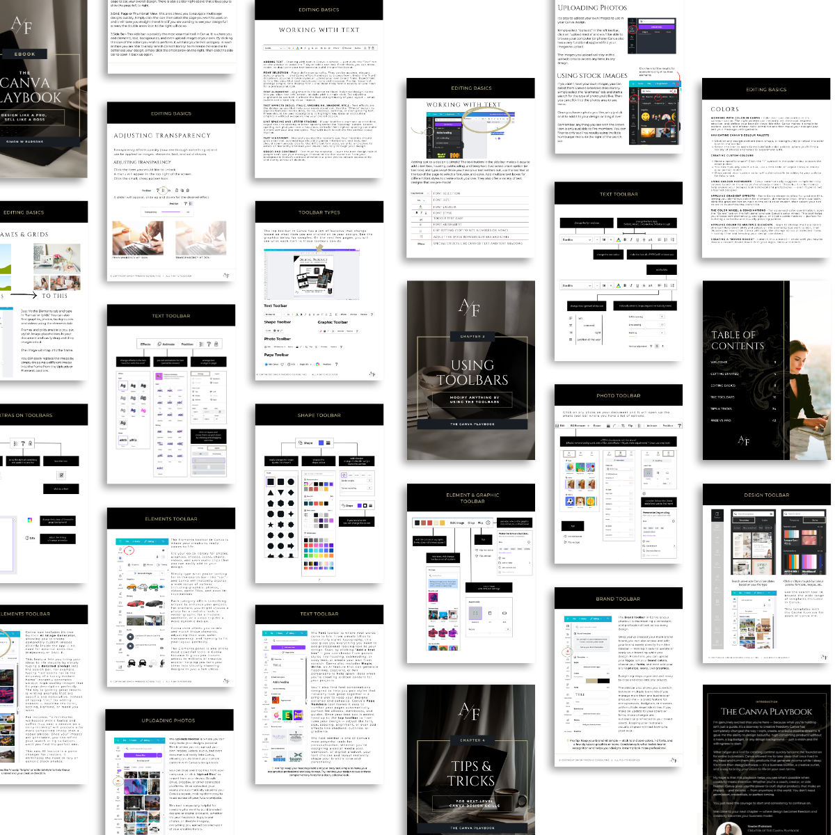 Inside pages of The Canva Playbook showing Canva toolbar tutorials, editing basics, and layout design tips for beginners and creators.