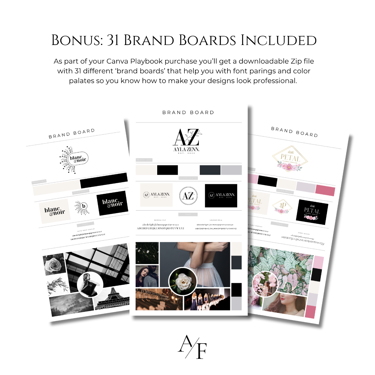 Bonus brand board templates included with The Canva Playbook — 31 professional color palettes and font pairings to elevate your designs