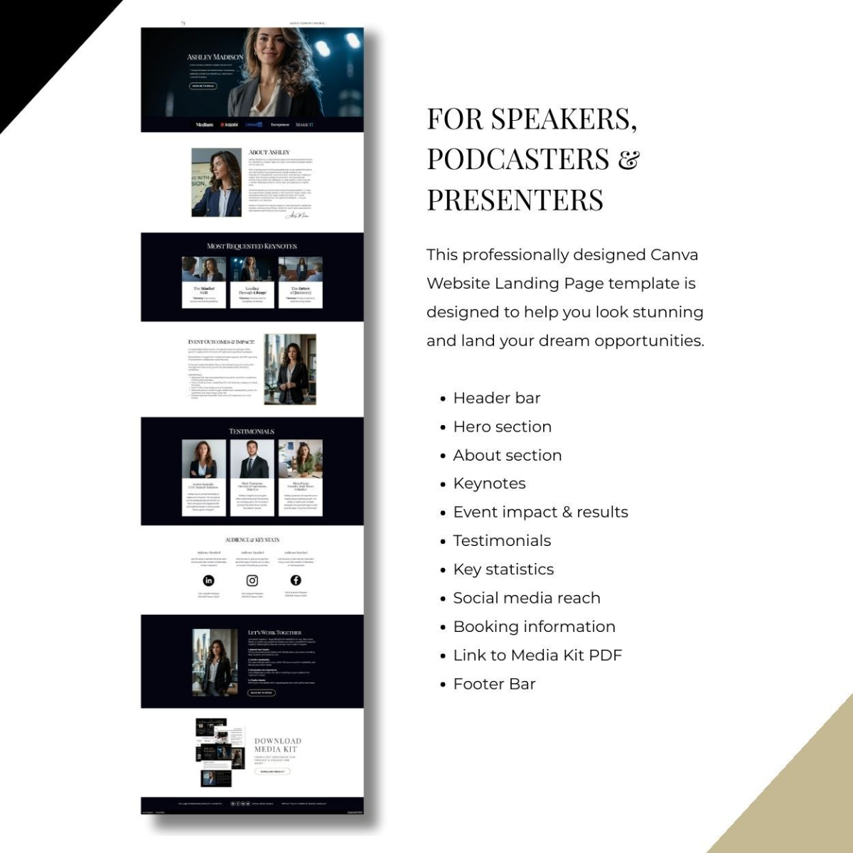 Canva speaker website template showing full landing page layout for corporate keynote speakers and presenters