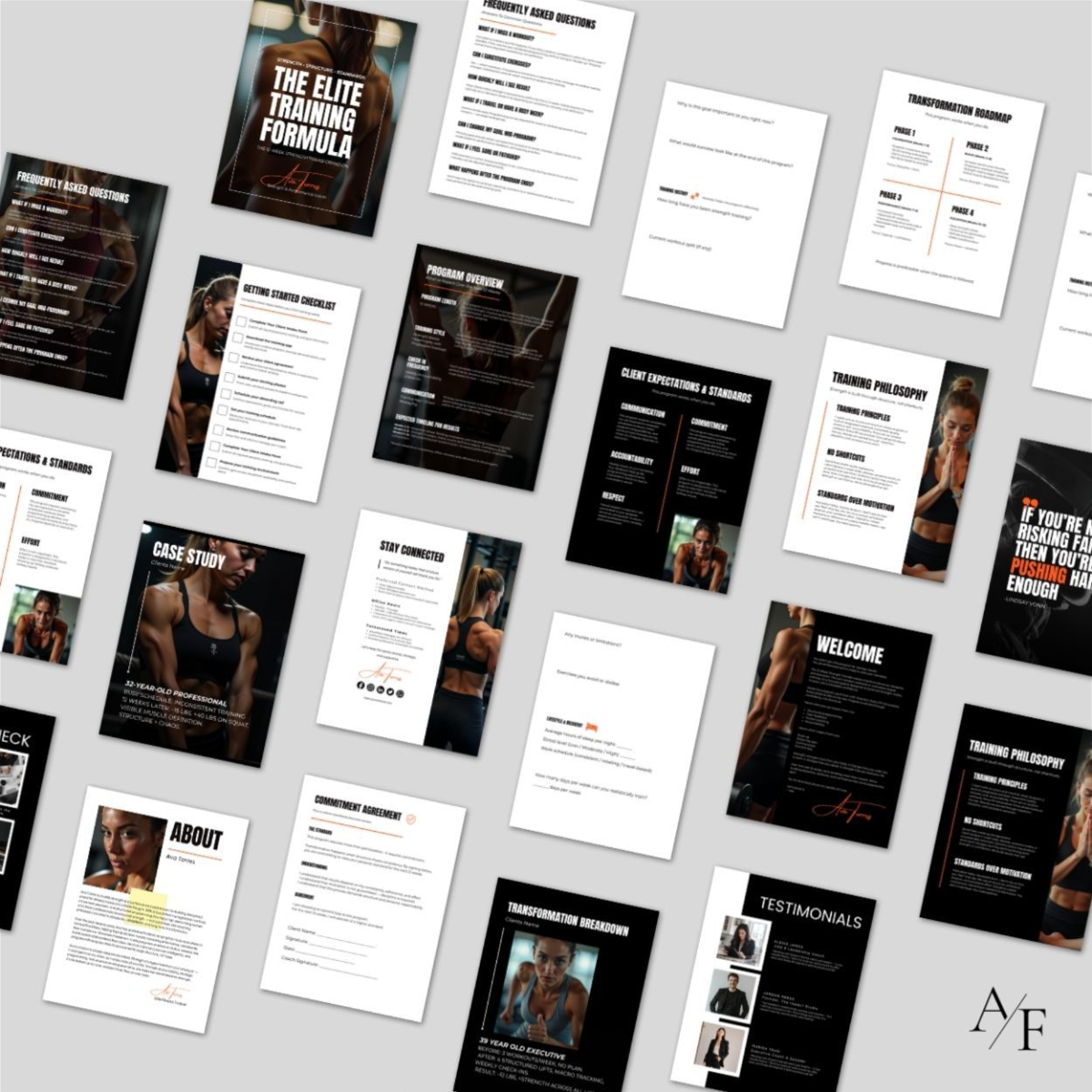 Grid display of editable fitness coaching documents including intake forms, FAQ page, commitment agreement, and program overview.