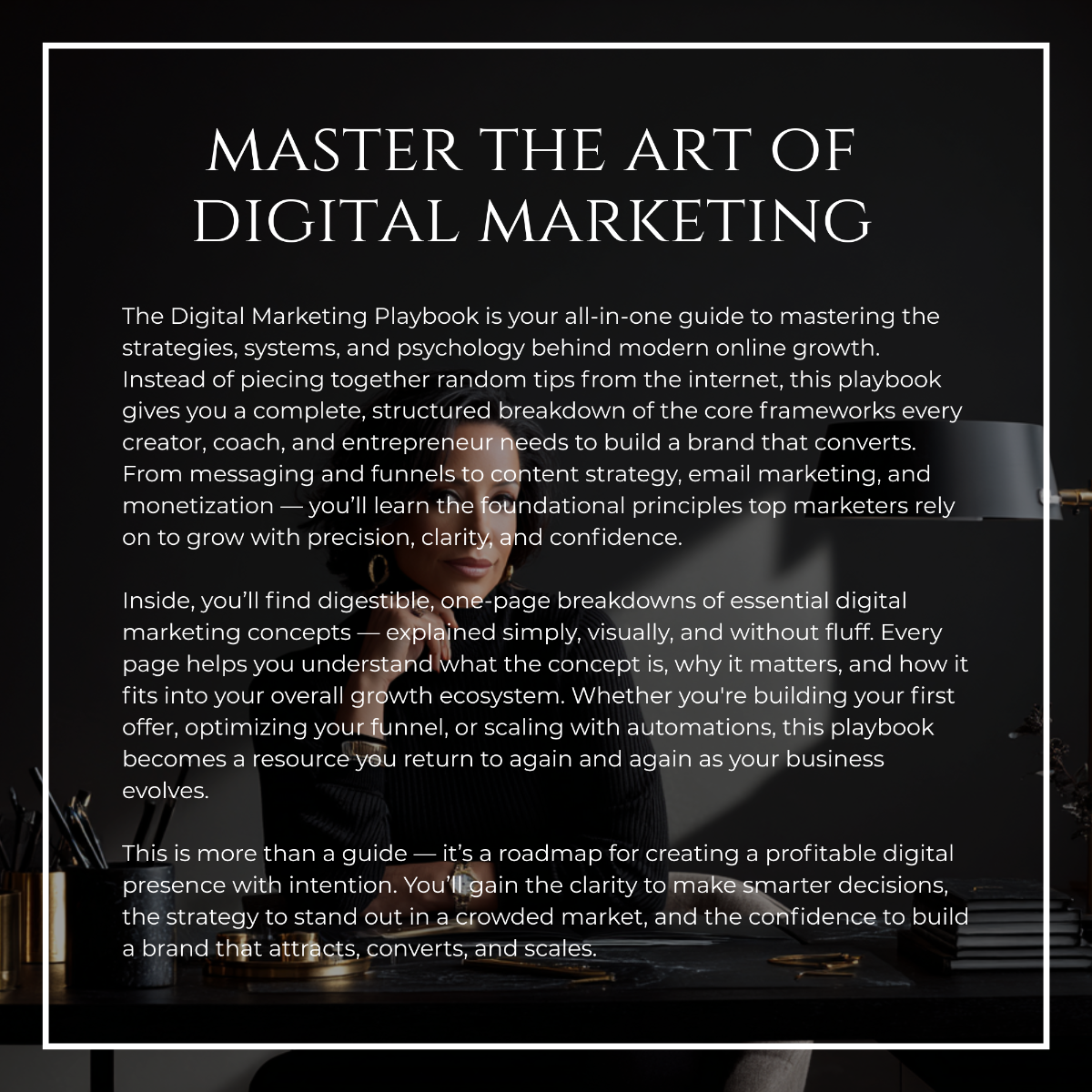 Black background sales image describing the purpose of the Digital Marketing Playbook, highlighting benefits like brand clarity, funnel optimization, and digital growth.