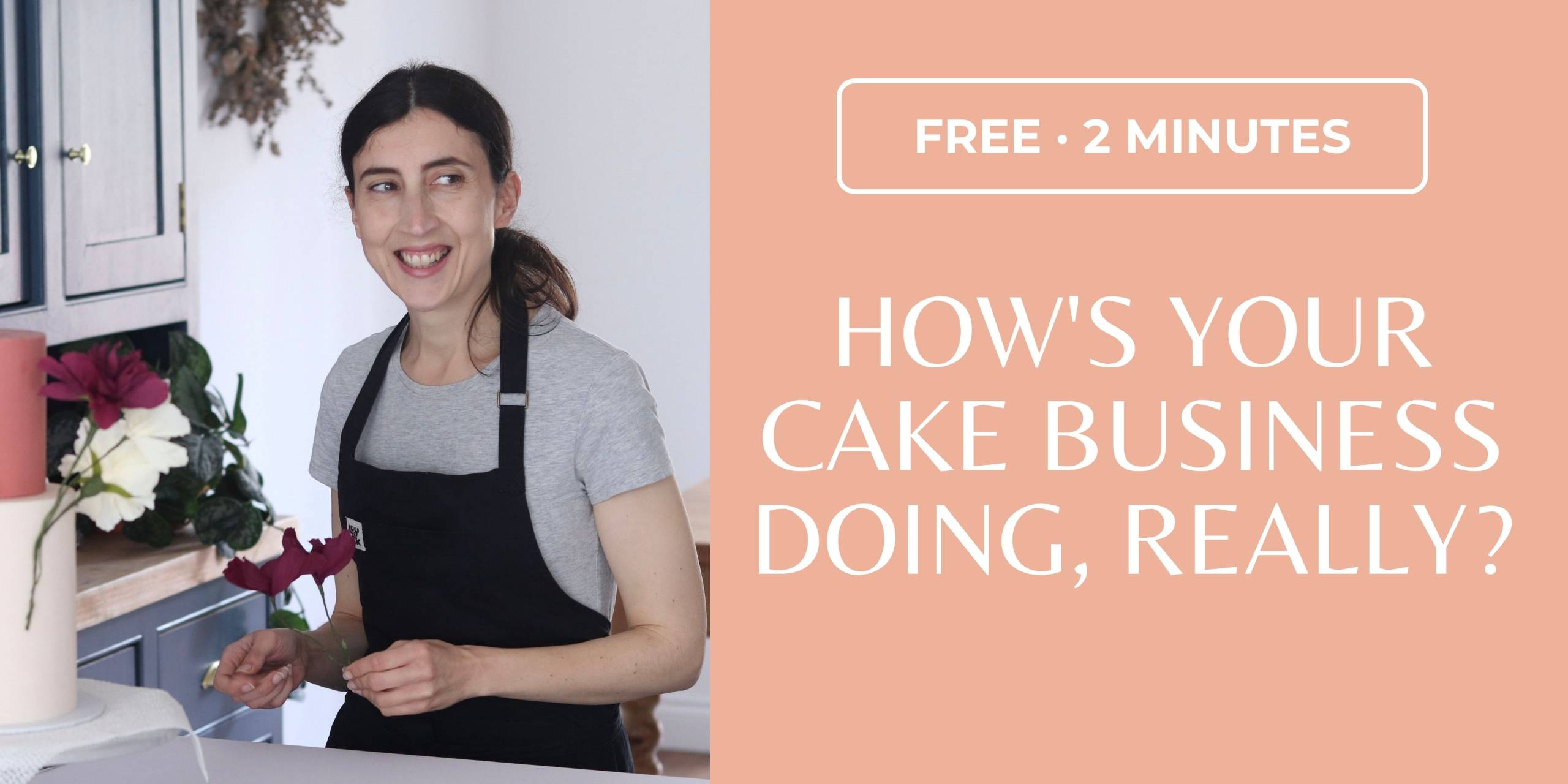 Zaza smiling beside the text "How's your cake business doing, really?" – take the free 2-minute Modern Cake Society quiz