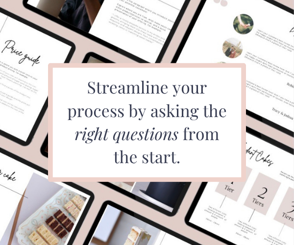 Cake business planning flatlay with text: Streamline your process the right way from the start