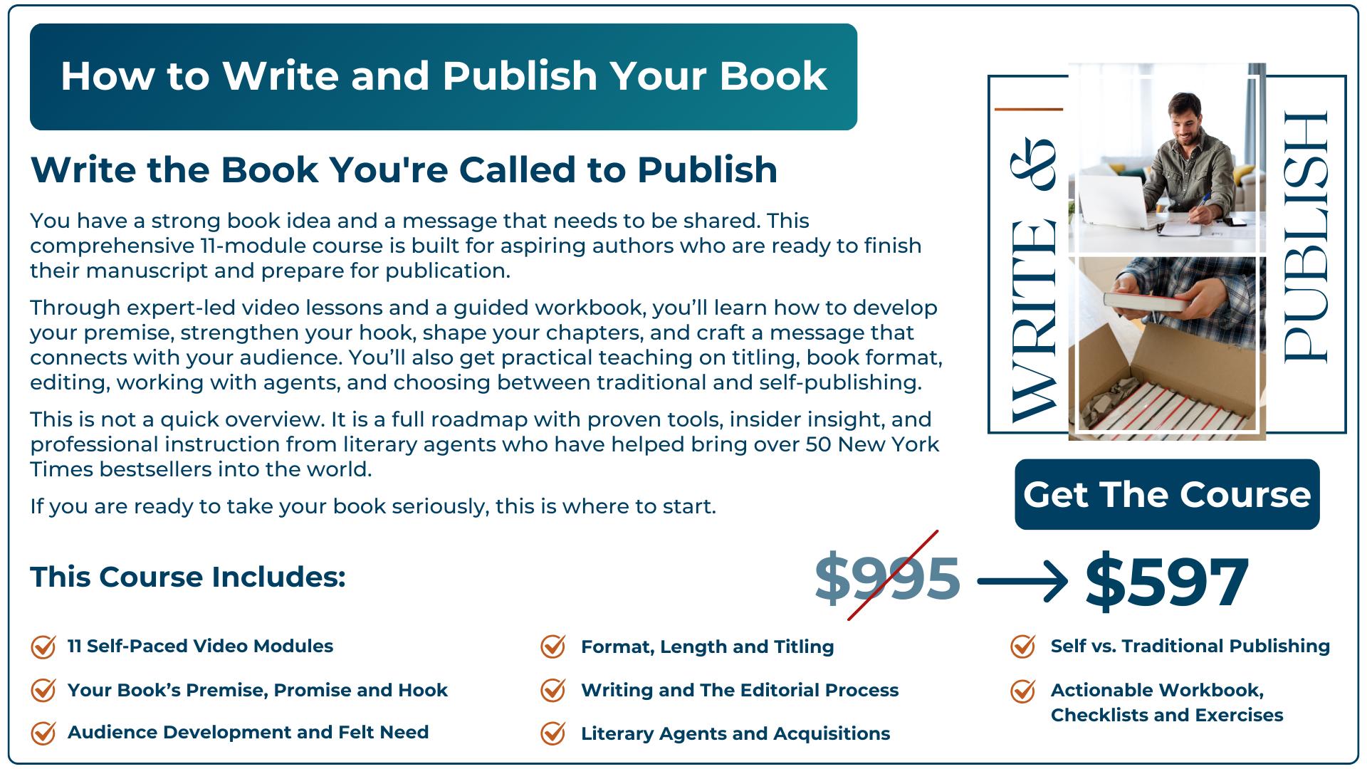 How to Write and Publish Your Book Understand The Process You have a book idea and know who the audience is, but aren't sure of your next step. This course is a great starting point to further develop your book idea and explore the publishing industry, so you can begin your author journey with confidence.