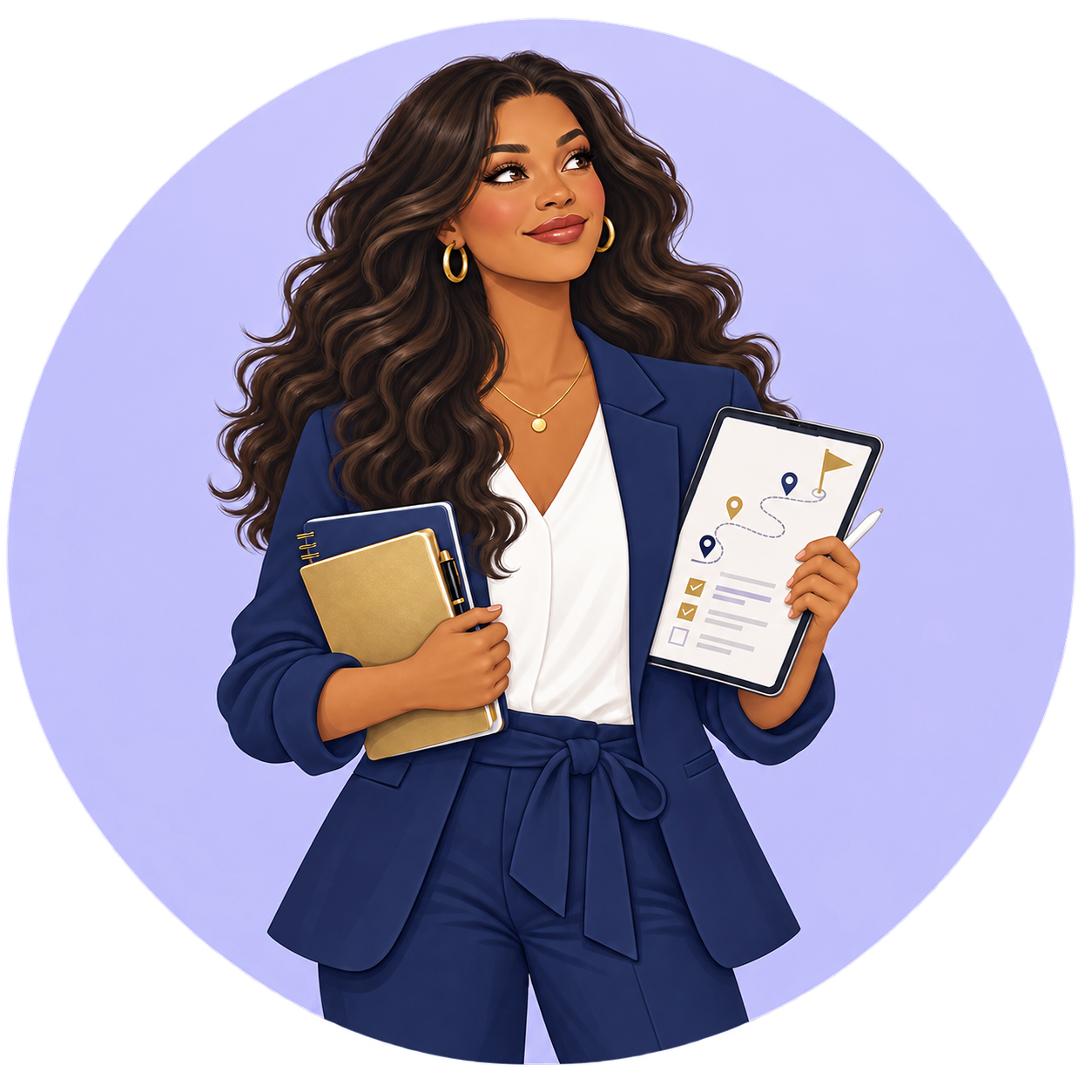 Illustration representing the Returner, a clinician holding a planner and a tablet with a roadmap