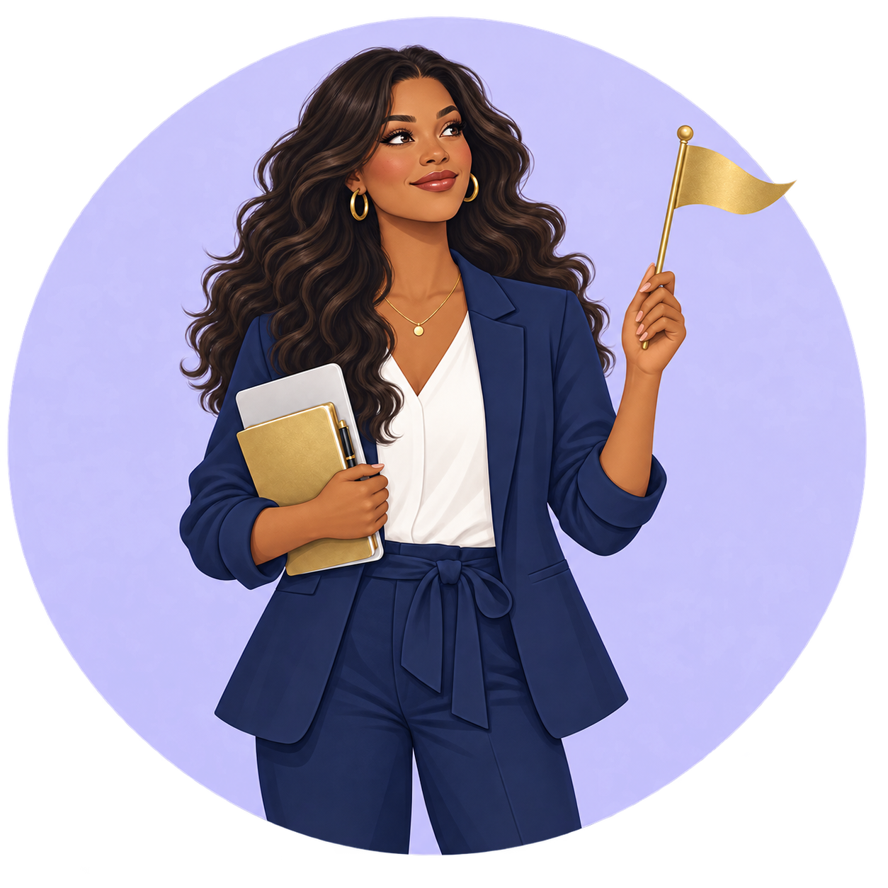 Illustration representing the Starter, a clinician holding a planner and a gold flag