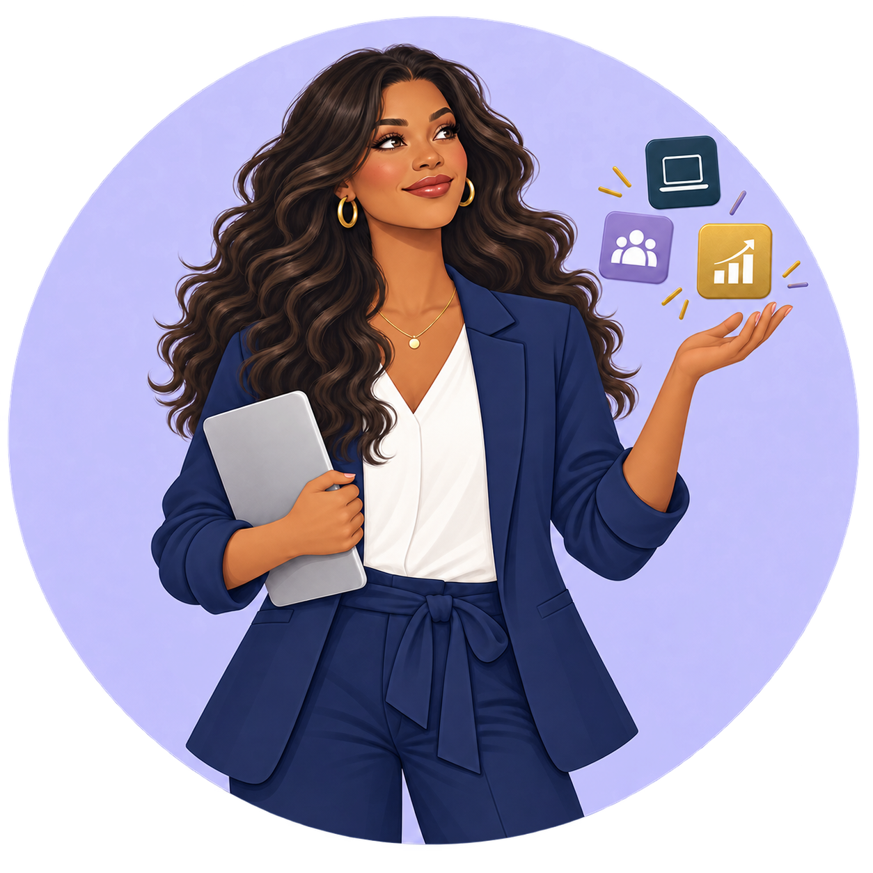 Illustration representing the Independent, a clinician with icons for a website, community, and growth floating beside her