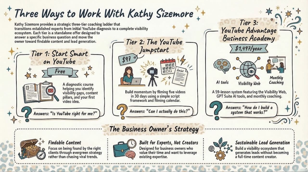 Three Ways to Work With Kathy Sizemore infographic showing the YouTube coaching offer ladder: Start Smart on YouTube (Free) for diagnosis and clarity, The YouTube Jumpstart ($97) for momentum and action, and YouTube Advantage Business Academy ($1,497/year) for strategy and systems.