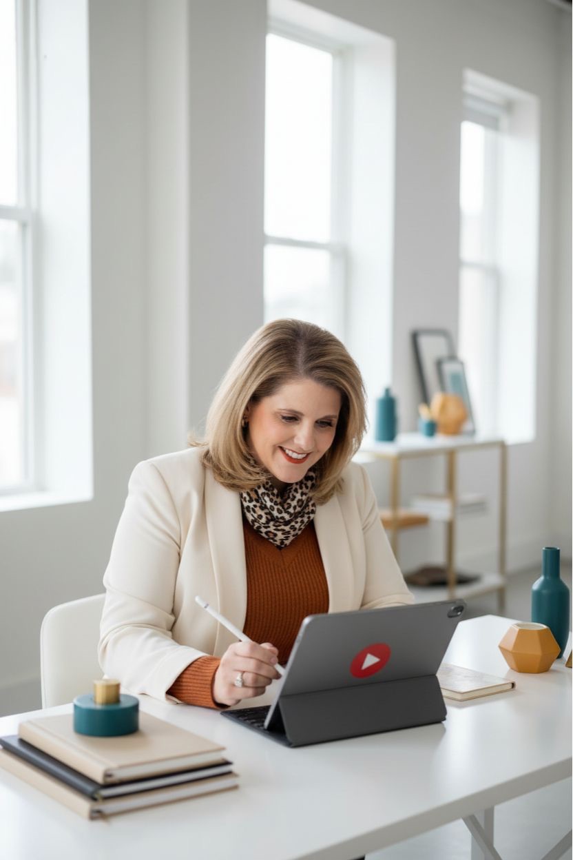 Kathy Sizemore working with YouTube coaching diagnostic tools on a tablet at her desk.