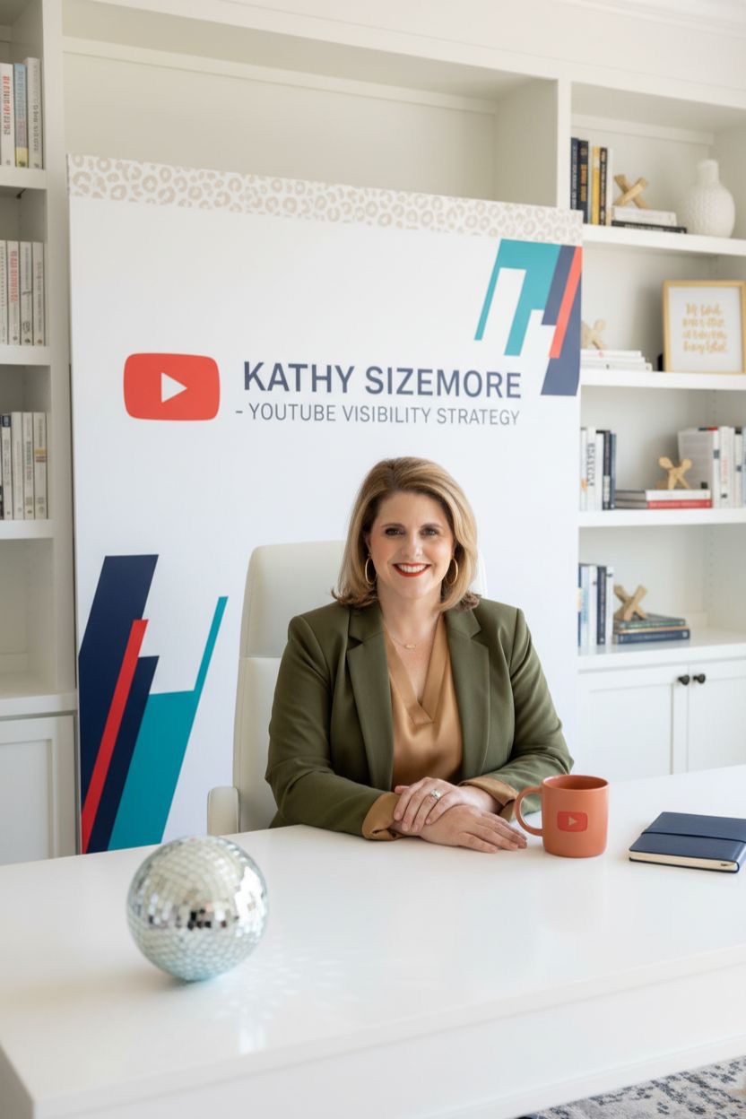 Kathy Sizemore YouTube coaching office with branded visibility strategy banner.