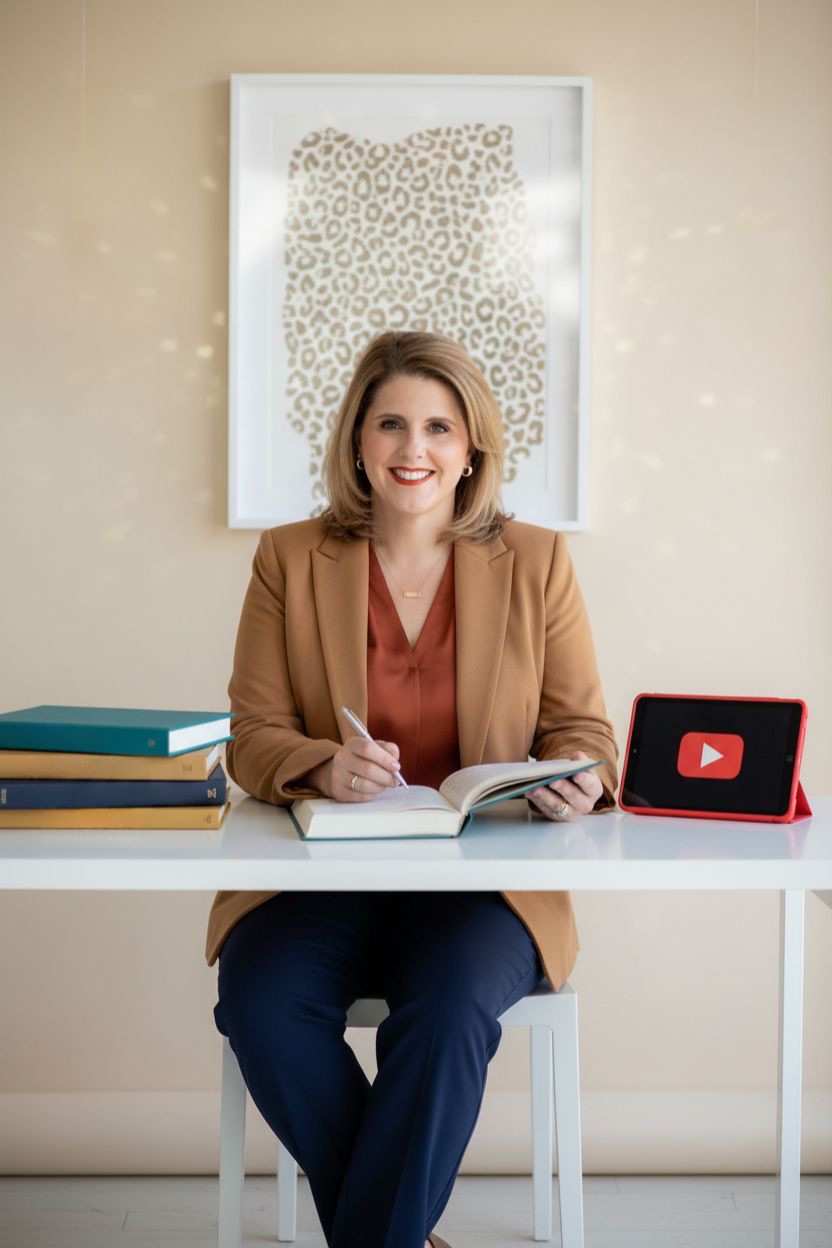 Kathy Sizemore, YouTube Strategist for Business Owners, at her desk with journal and brand-colored books.