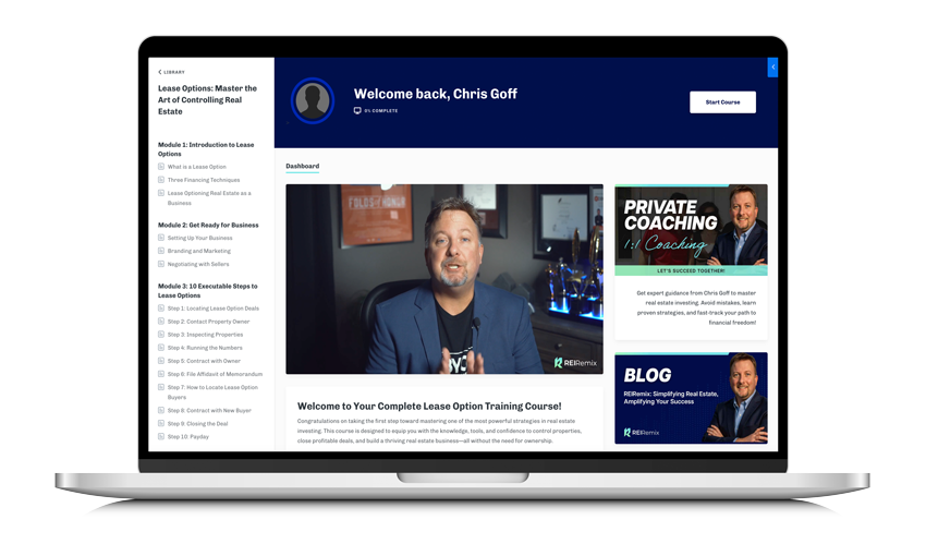 Lease Option Mastery course teaching Chris Goff's 10 Executable Steps | REIRemix