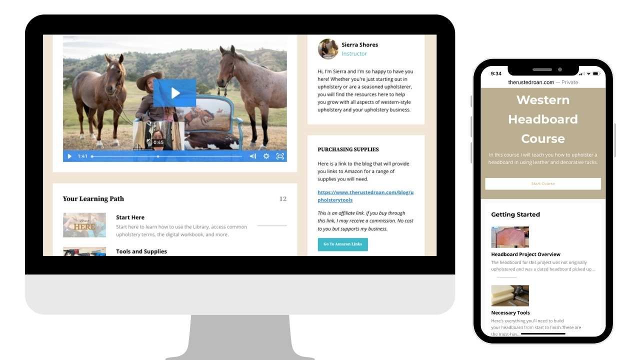 Sierra the owner of The Rusted Roan seated on an upholstered chair holding her horses