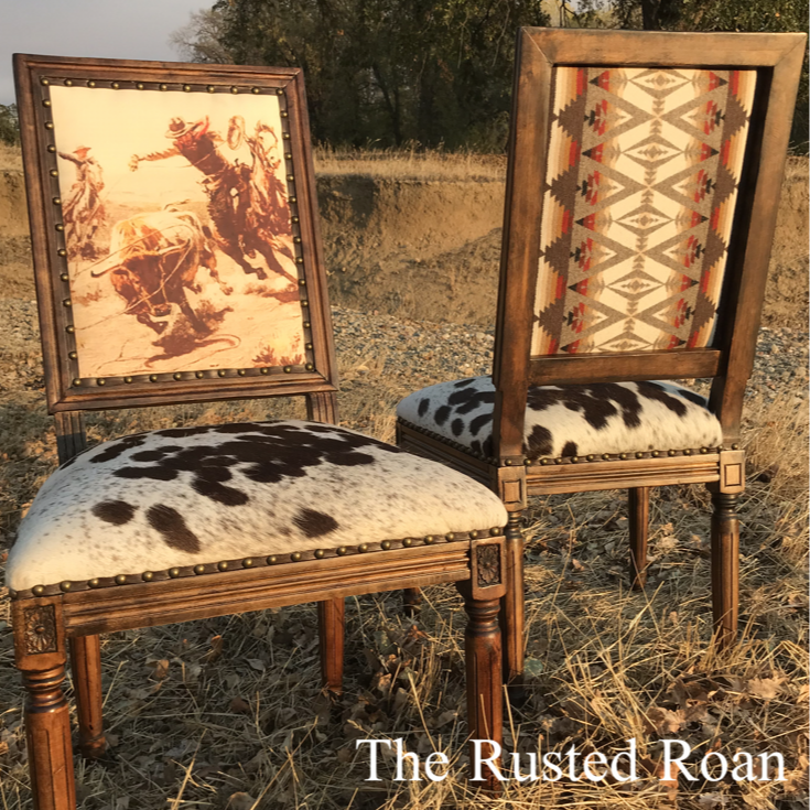 an antique chair upholstered in a blue and red tone aztec print