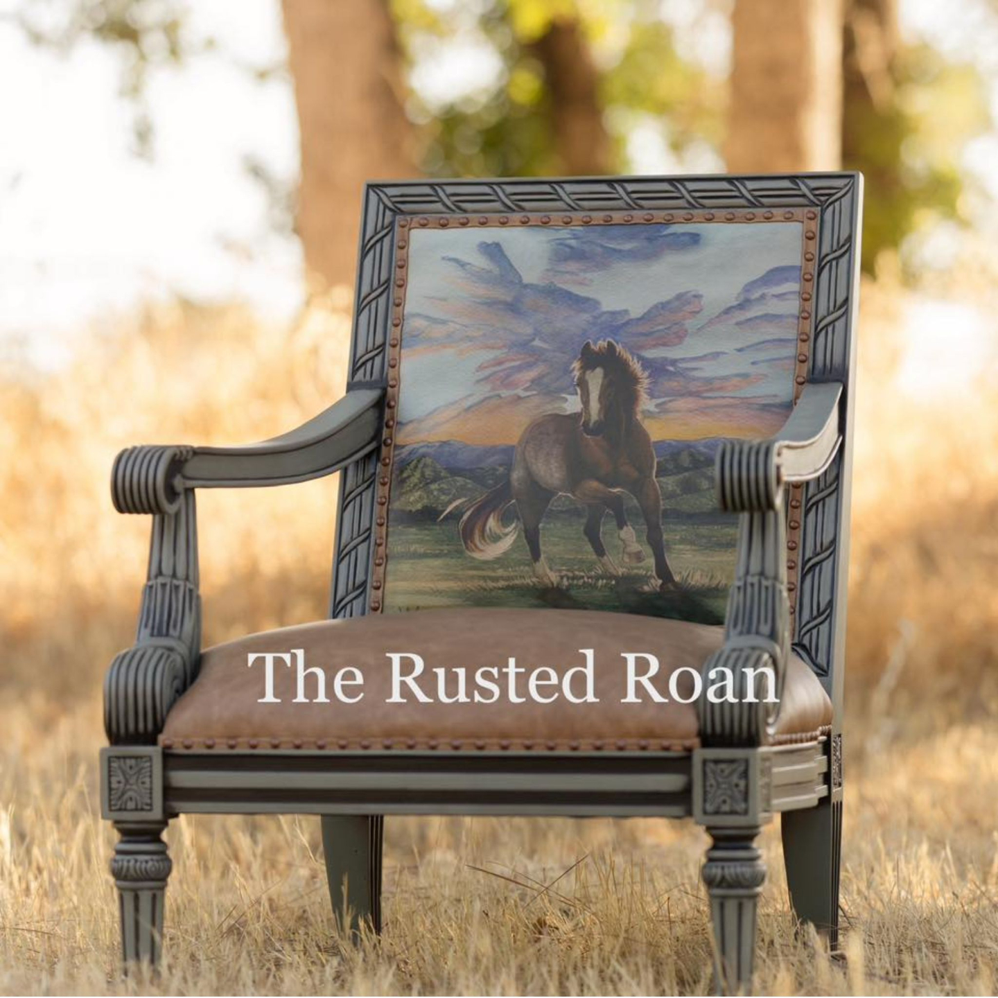 Sierras roan horse upholstered onto a picture back chair with smooth leather seat