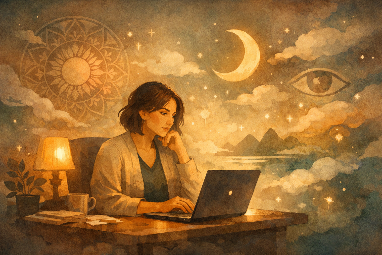 A warm, atmospheric digital illustration of a thoughtful professional sitting at a desk with a laptop, illuminated by soft golden lamplight. Dreamlike elements float around them.