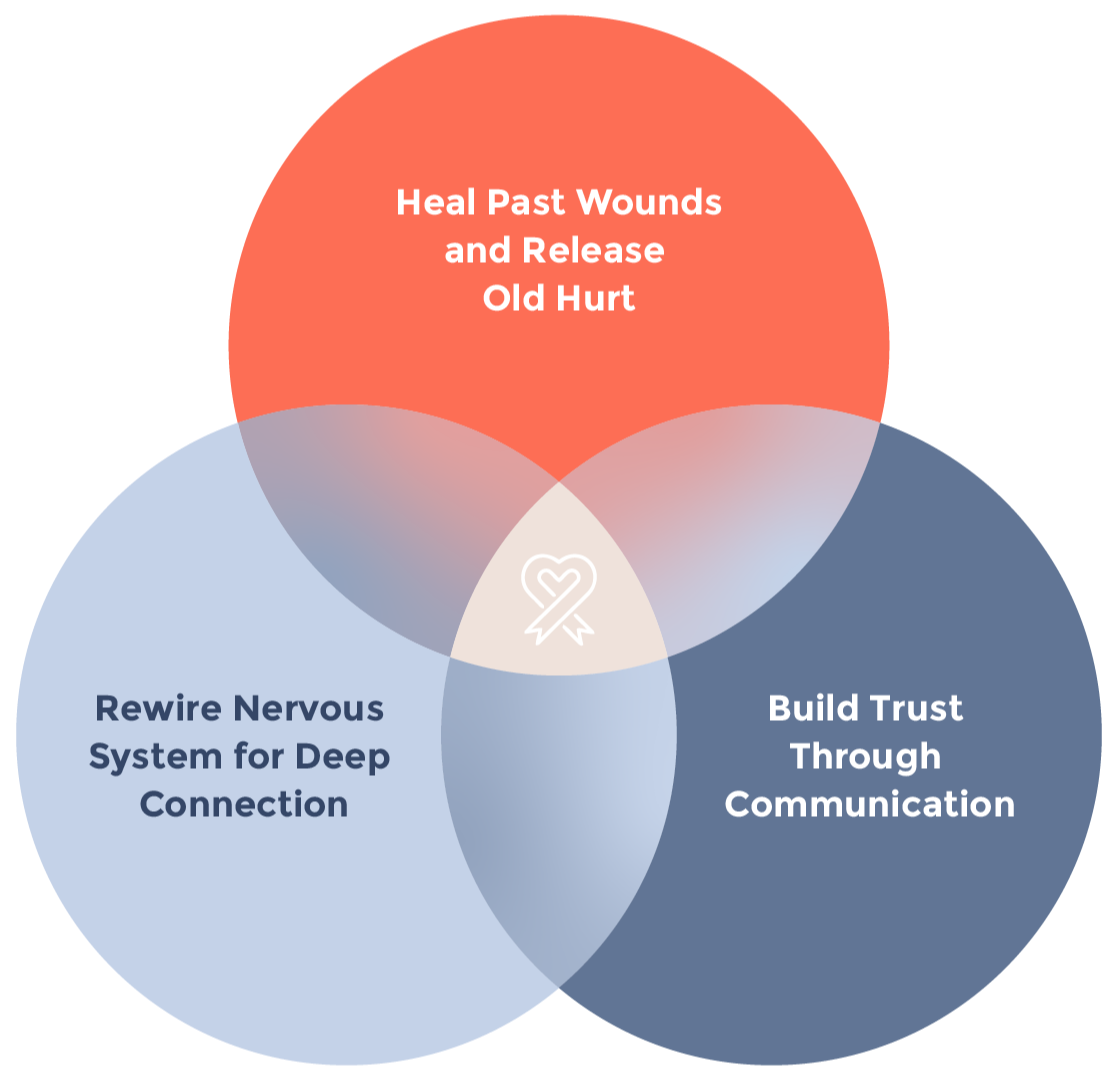 The Motjer-Daughter Bond Blueprint: Venn Diagram with three labels: Heal Past Wounds and Release Old Hurt, Rewire Nervous System for Deep Connection, and Build Trust Through Communication