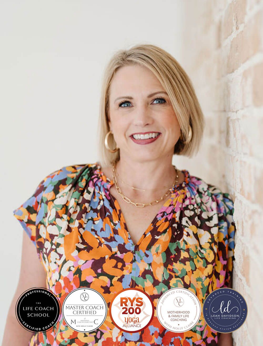 Steph Chaffee Professional Headshot overlaid with credential badges: Professional Certified Coach at The Life Coach School, RYS 200 Yoga Alliance, and Advanced Certification with Molly Claire: Motherhoos & Family Life Coaching