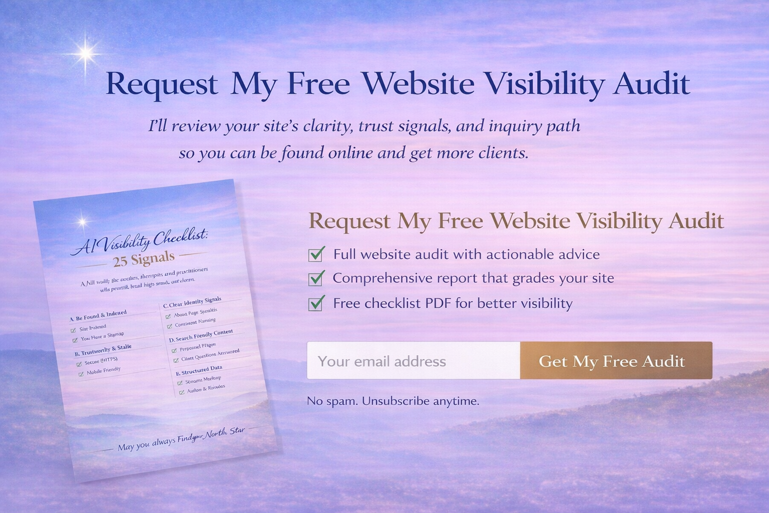 Popup graphic inviting coaches, therapists, and practitioners to request a free website visibility audit to improve clarity, trust signals, and inquiries.