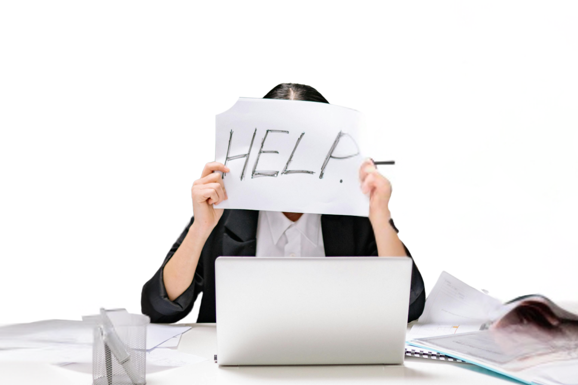 Woman overwhelmed by paperwork