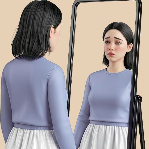 Infographic of a woman standing in front of a mirror looking sad