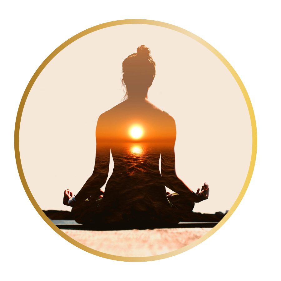 A person sits in meditation. A view of the the sun setting is superimposed over their heart. 