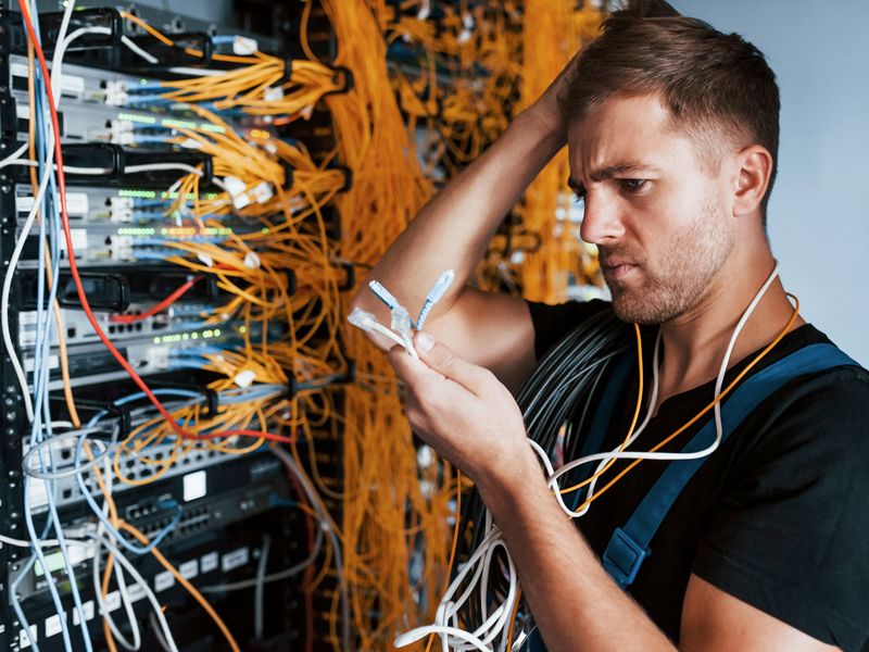 Man surrounded by tangled cables, pausing to think and find a solution, symbolising the process of overcoming distraction, regaining motivation, and restoring focus - Retrained Minds Hypnotherapy.