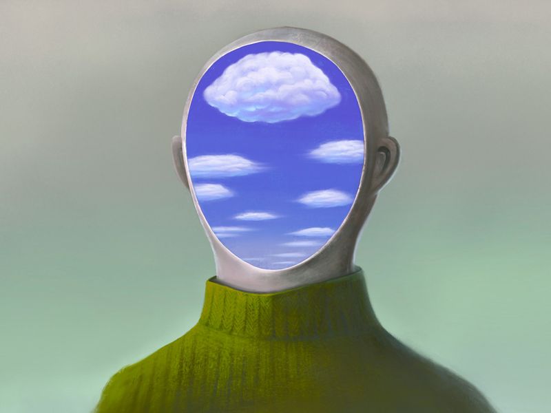 Surreal artwork of a person with an open head revealing a sky and clouds inside, symbolising clarity, creativity, and an open mind — Retrained Minds Hypnotherapy.