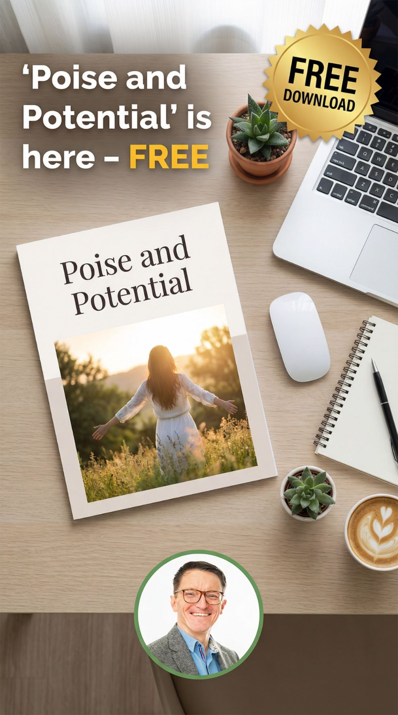 Poise and Potential free confidence guide by Retrained Minds shown as a desk-style mockup promoting calm mindset, growth and personal development.