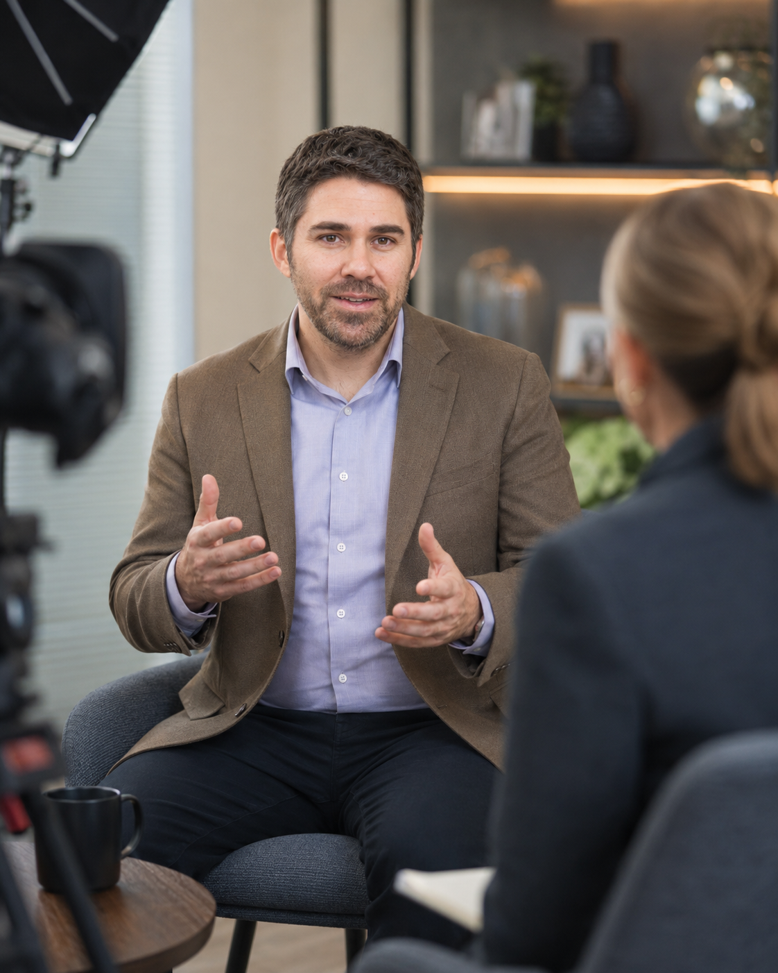 Joe Camarlinghi in an on-camera communication coaching session for PR and spokesperson training