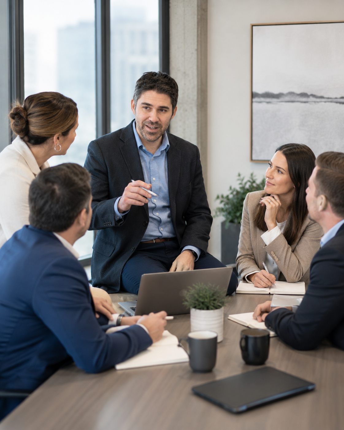 Joe Camarlinghi coaching a diverse small group of business professionals in a modern office lounge setting