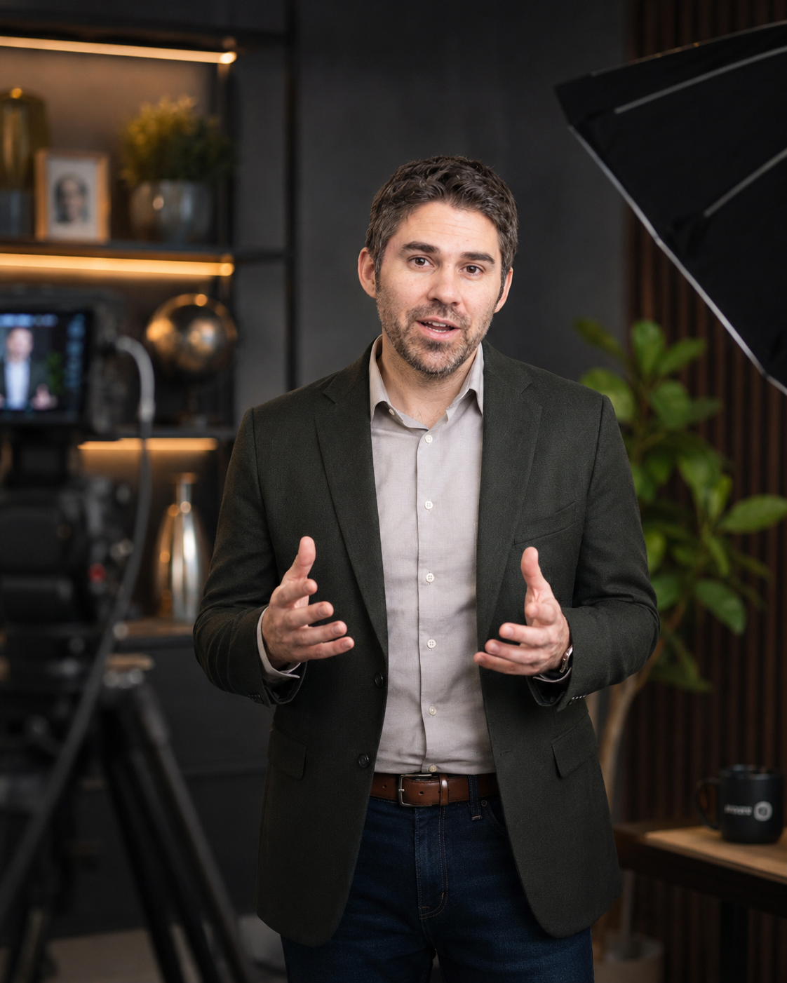 Joe Camarlinghi delivering a production video from a professional broadcast-style studio setup