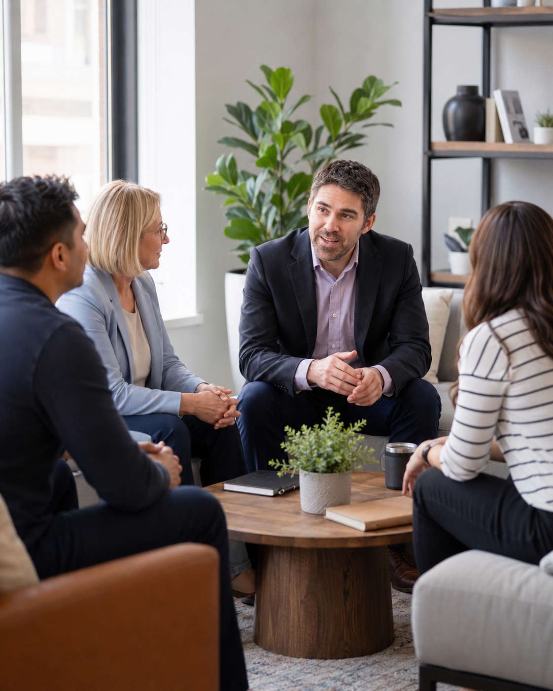 Joe Camarlinghi talking with a small group of business professionals during a team coaching session in a modern office