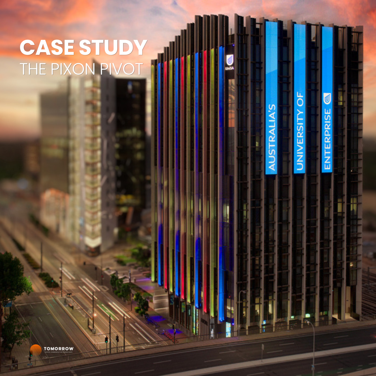 An image of a large LED screen on a central building in Adelaide australia showing the LED infrastructure of the tomorrows client Pixon technology.