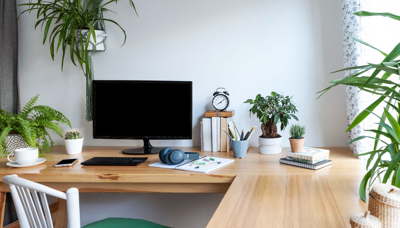 Desk and chair with green plants and a computer screen. 