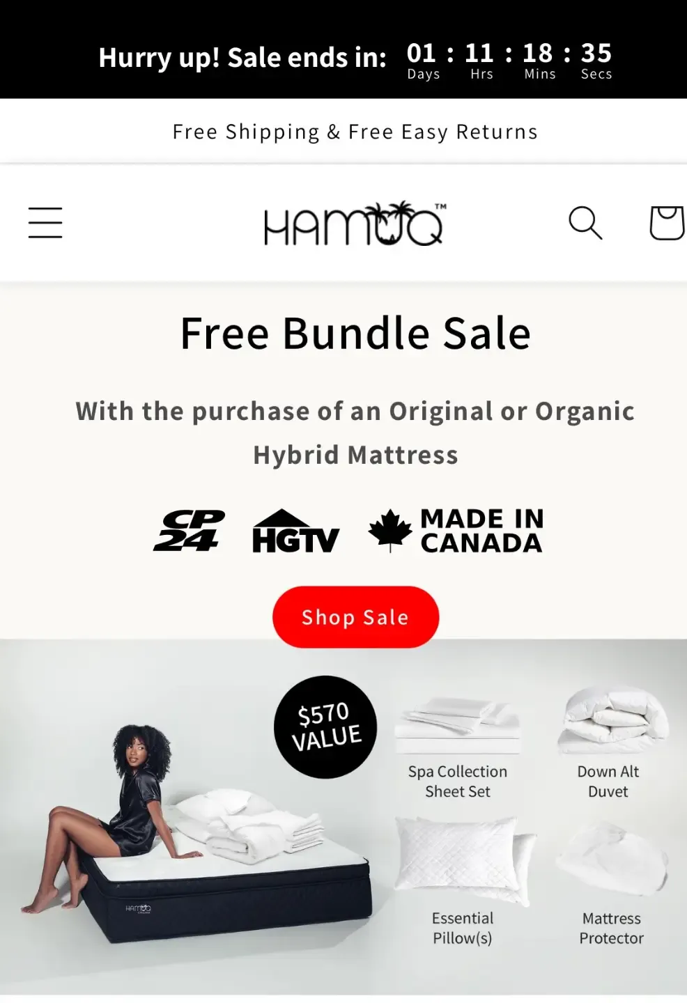 A promotional webpage for Hamuq’s “Free Bundle Sale” featuring a woman sitting on a mattress with bedding items stacked beside her. The ad highlights a $570 value bundle including a spa collection sheet set, down alternative duvet, essential pillows, and a mattress protector. Logos for CP24, HGTV, and “Made in Canada” are displayed above a red “Shop Sale” button, with a countdown timer and free shipping banner at the top.