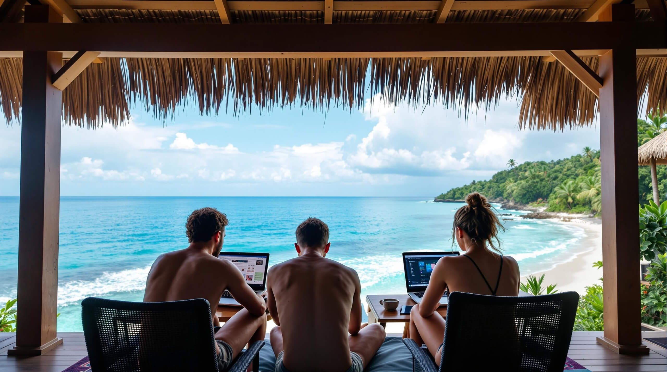 Group of digital entrepreneurs working remotely on laptops by the beach, representing freedom, flexibility, and the remote lifestyle.
