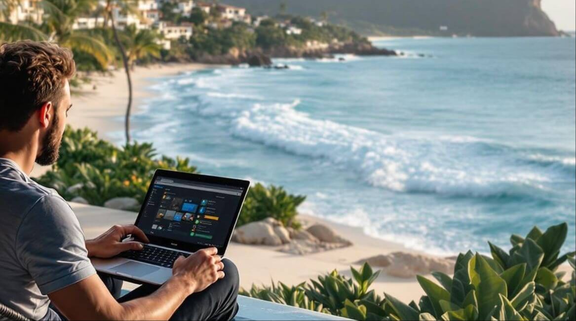 Man working remotely on a laptop by the beach, representing time and financial freedom through online business success.